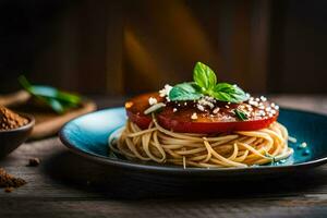 spaghetti with tomato and basil on a plate. AI-Generated photo