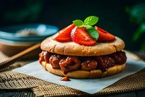 a hamburger with strawberries and a bowl of strawberries. AI-Generated photo