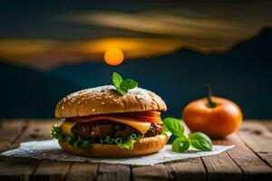 a hamburger with cheese and tomatoes on a wooden table. AI-Generated photo