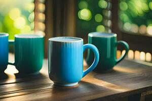 three blue coffee mugs on a wooden table. AI-Generated photo