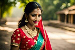 hermosa indio novia en rojo y verde sari. generado por ai foto