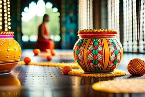 indian pottery on the floor with a woman in the background. AI-Generated photo