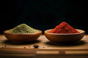 two bowls of spices sit on a wooden table. AI-Generated photo