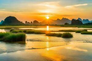 the sunrise over the li river, li river, china, sunrise, sunrise over the li. AI-Generated photo