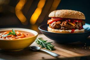 a burger and soup on a wooden table. AI-Generated photo
