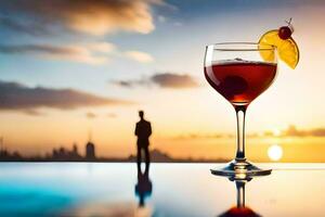 a cocktail glass with a cherry on top of it and a silhouette of a man in the background. AI-Generated photo