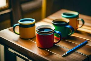 colorful coffee cups on a wooden table. AI-Generated photo