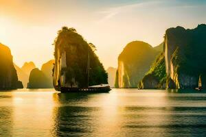 the sun sets over the water in halong bay, vietnam. AI-Generated photo