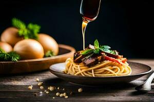 spaghetti with meat and eggs on a wooden table. AI-Generated photo