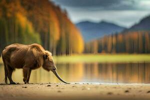 a woolly rhinoceros is standing in the water. AI-Generated photo
