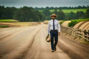 a man in a hat and tie walking down a dirt road. AI-Generated photo