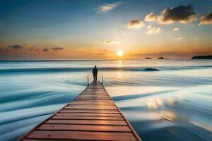 a man stands on a wooden pier at the end of a long wooden pier. AI-Generated photo
