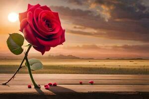 a single red rose is sitting on a wooden table in front of a sunset. AI-Generated photo