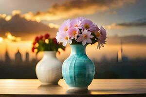 two vases with flowers on a table with a sunset in the background. AI-Generated photo