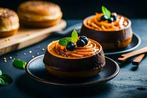 two small cakes with blueberries and cinnamon on a black background. AI-Generated photo