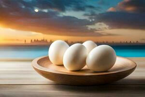 eggs in a bowl on a table with a sunset in the background. AI-Generated photo