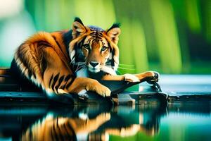 a tiger sitting on a boat in the water. AI-Generated photo