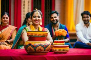 a bride and groom sitting in front of a pot. AI-Generated photo