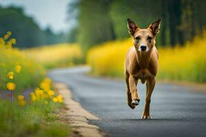 a dog running on a road in front of yellow flowers. AI-Generated photo