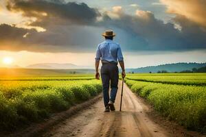 un hombre caminando en un campo con un caña. generado por ai foto