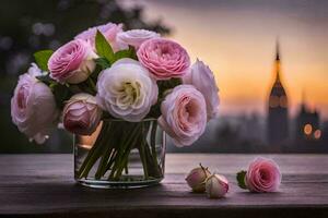 pink roses in a vase on a table with a city in the background. AI-Generated photo
