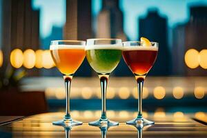 three different drinks are sitting on a table in front of a city skyline. AI-Generated photo