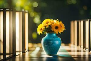 a blue vase with yellow flowers sitting on a table. AI-Generated photo
