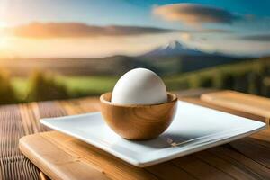 egg in a cup on a wooden table. AI-Generated photo