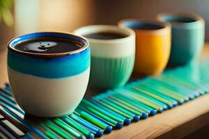 a row of colorful coffee cups on a wooden table. AI-Generated photo