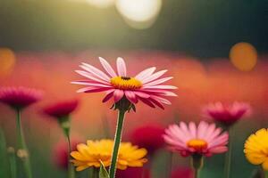 a field of colorful flowers with a sun in the background. AI-Generated photo