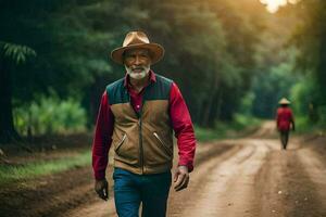 an older man walking down a dirt road with a hat on. AI-Generated photo