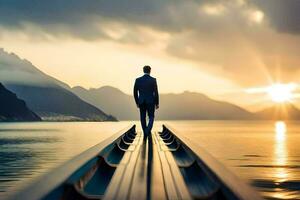 a man in a suit standing on a boat in the middle of a lake. AI-Generated photo