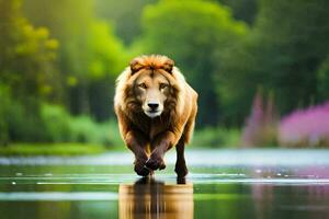 a lion walking across a lake in the middle of a forest. AI-Generated photo