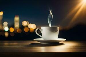 un taza de café en un mesa con ciudad luces en el antecedentes. generado por ai foto