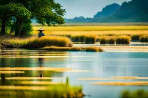 a man in a hat stands on the shore of a lake. AI-Generated photo