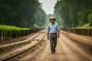 an older man wearing a hat walks down a dirt road. AI-Generated photo