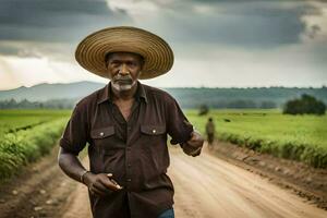 a man wearing a hat walks down a dirt road. AI-Generated photo