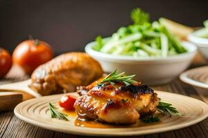 pollo pecho con vegetales y ensalada en un de madera mesa. generado por ai foto