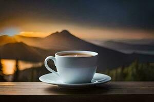 a cup of coffee on a wooden table in front of a mountain view. AI-Generated photo