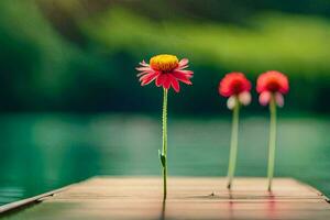 three flowers standing on a dock in front of a lake. AI-Generated photo