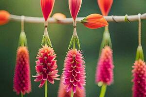 red and pink flowers hanging from a branch. AI-Generated photo