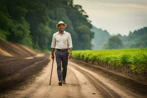 a man walking on a dirt road with cane. AI-Generated photo