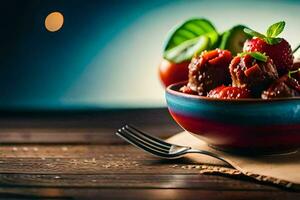 a bowl of meatballs and strawberries on a wooden table. AI-Generated photo