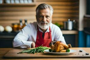 a man in a red apron is sitting at a table with a chicken. AI-Generated photo