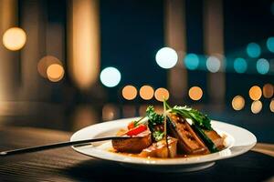 a plate of food on a table with lights in the background. AI-Generated photo