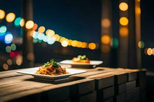 two plates of food on a wooden table with lights in the background. AI-Generated photo