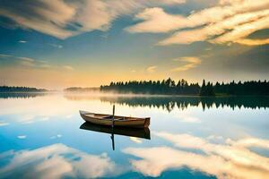 a boat floating on a calm lake with trees and clouds. AI-Generated photo