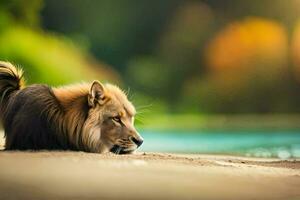 a lion laying on the sand by the water. AI-Generated photo