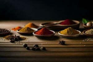 various spices and herbs in bowls on a table. AI-Generated photo