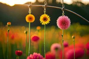 flowers hanging from a wire in a field. AI-Generated photo